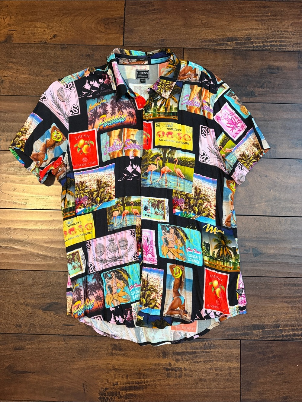 Guess Men’s Black Multi-Color Patchwork Tropical Print Button-Down Shirt